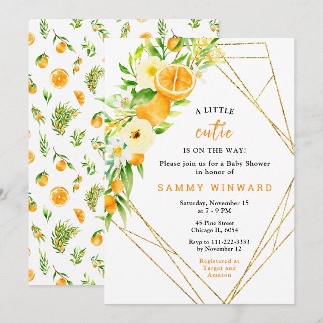 Invitation Oranges and Flowers Baby Shower (Devant / Derrière)