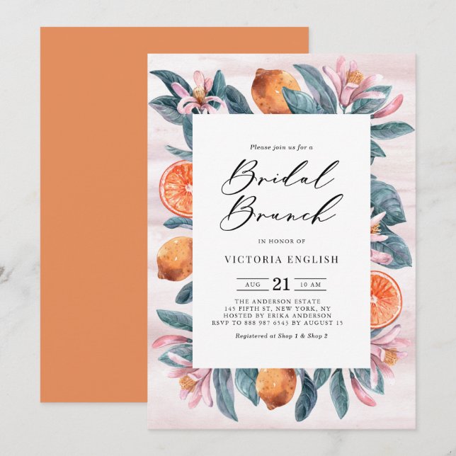 Invitation Oranges botaniques et fleurs roses Brunch nuptial (Devant / Derrière)