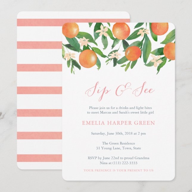 Invitation Oranges de fruits d'agrumes Sip and See Party, Bab (Devant / Derrière)