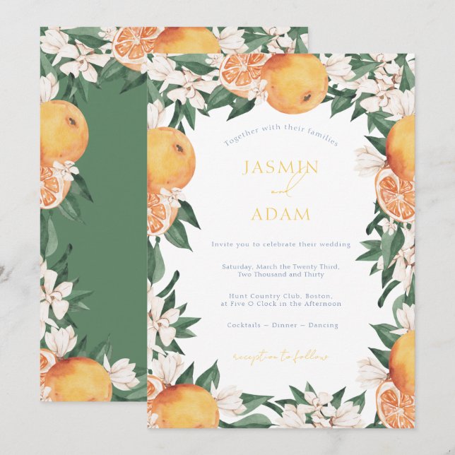 Invitation Oranges Élégantes Mariage d'agrumes méditerranéen (Devant / Derrière)