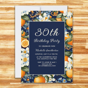 Invitation =Oranges Fleurs blanches Marine Bleu 30e anniversa