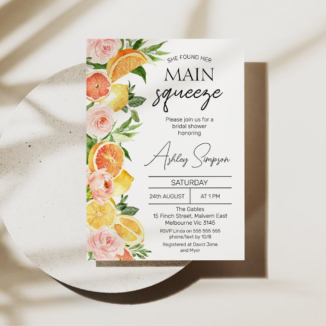 Invitation Oranges modernes Citrons Fête des mariées principa (Citrus themed she found her main squeeze bridal shower invitation with lemon, oranges and flowers.)