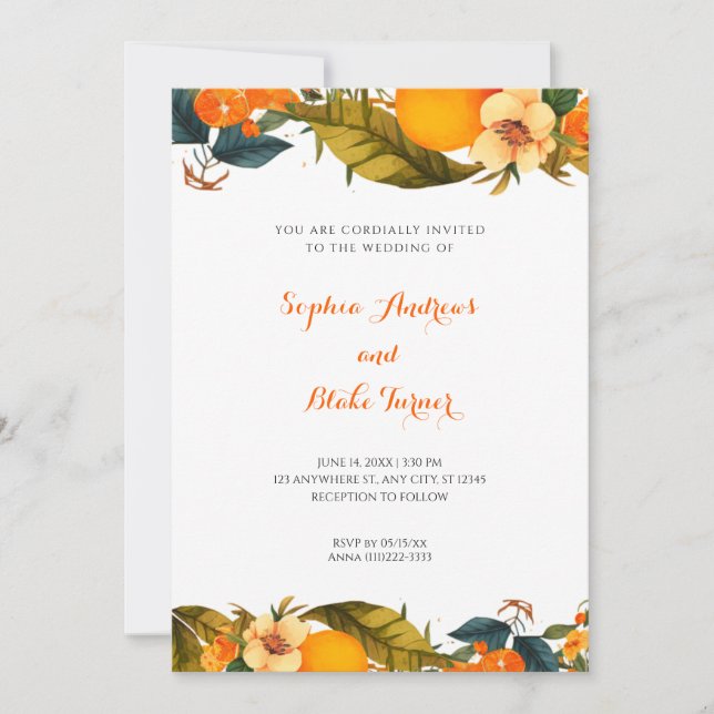 Invitation Oranges tropicales et fleurs Mariage blanc (Devant)