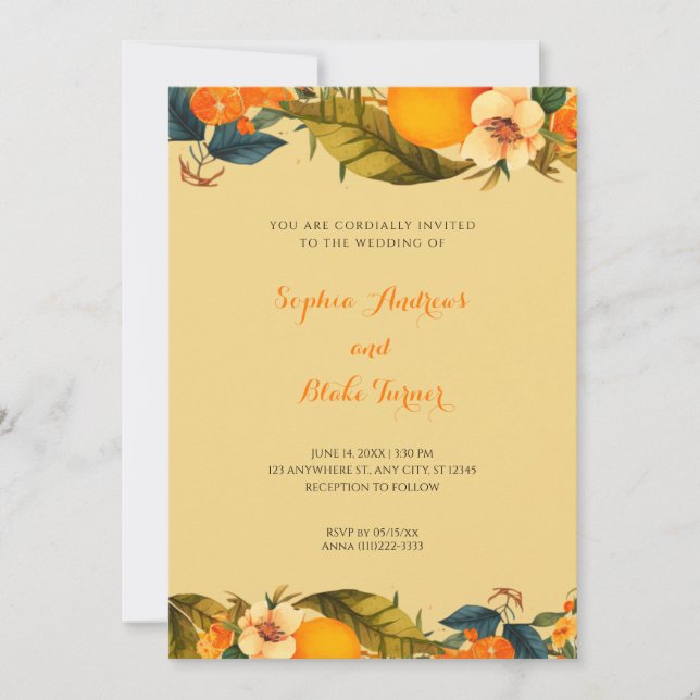Invitation Oranges tropicales et fleurs Mariage jaune (Devant)