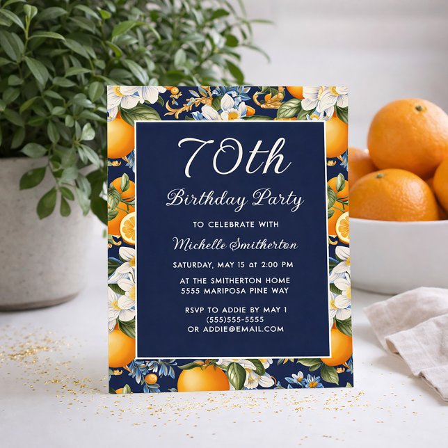 Invitation Oranges White Flowers Navy Blue 70th Birthday (Oranges on navy blue 70th birthday invitation)