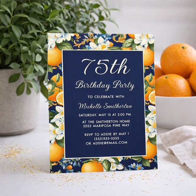 Invitation Oranges White Flowers Navy Blue 75th Birthday (Oranges on navy blue 75th birthday invitation)