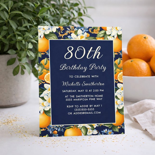 Invitation Oranges White Flowers Navy Blue 80th Birthday (Oranges on navy blue 80th birthday invitation)