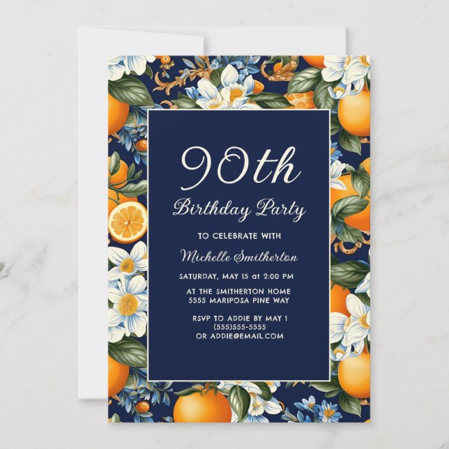 Invitation Oranges White Flowers Navy Blue 90th Birthday (Devant)