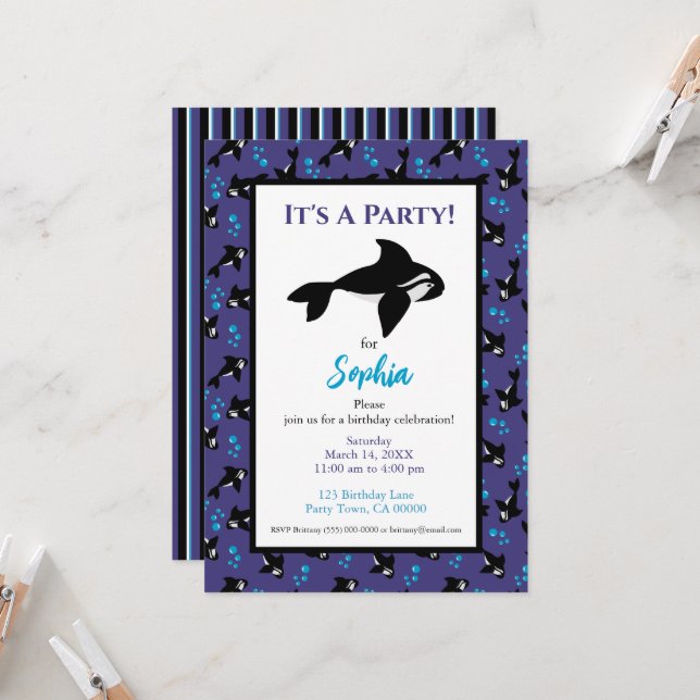 Invitation Orca Baleine violet et Motif bleu Anniversaire (Devant/Arrière en situation)