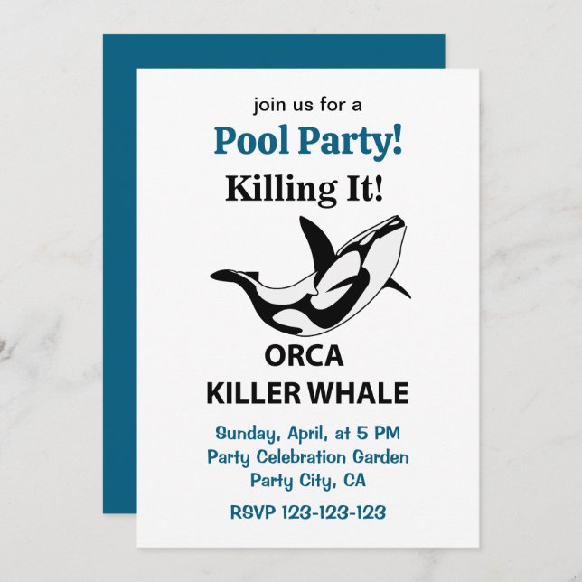 Invitation Orca Killer Whale Killing It Pool Party Funny (Devant / Derrière)