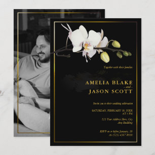 Invitation Orchidée blanche en noir Cadre Or Mariage phot