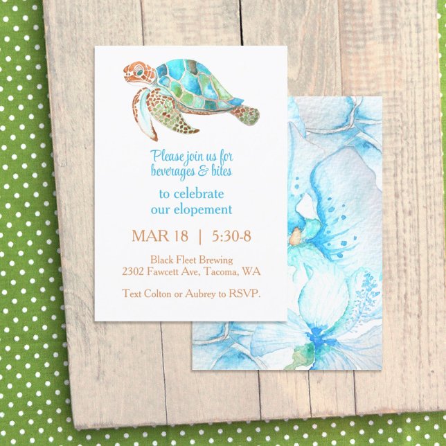 Invitation Orchidée Bleue, Fête de réception Elopement de la  (tropical sea turtle blue turquoise aqua watercolor orchid elopement after-party reception dinner)