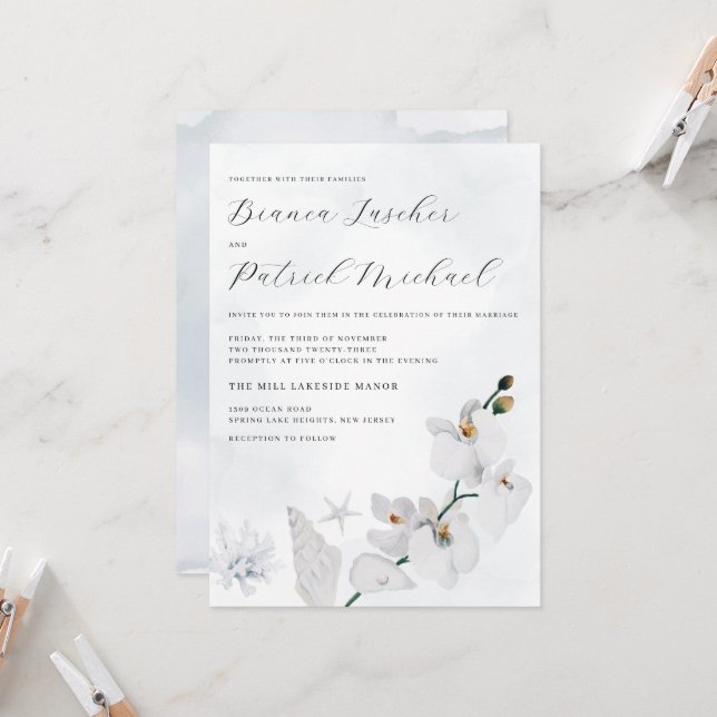 Invitation Orchidée côtière Mariage de plage élégant (Devant/Arrière en situation)