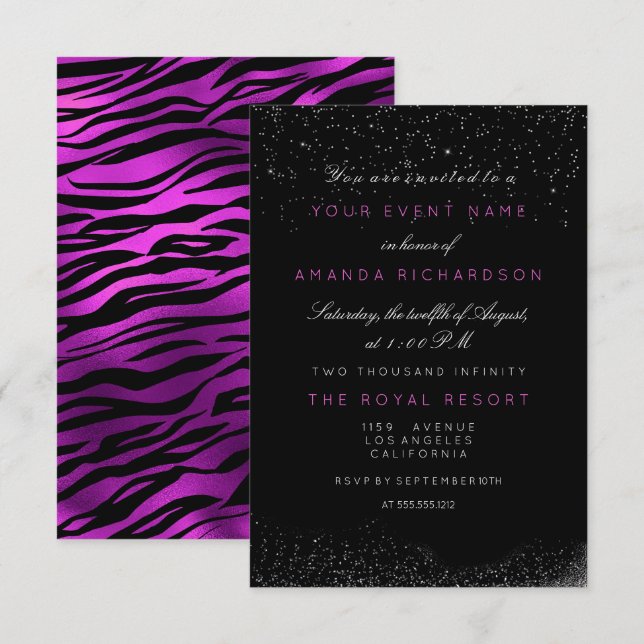 Invitation Orchidée Fuchsia Tiger Noir Blanc Parkly Birthay (Devant / Derrière)