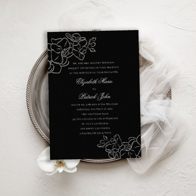 Invitation Orchidée Hirloom noir blanc Formal Mariage classiq (orchid wedding invitation black white formal traditional parents hosting calligraphy modern classic)