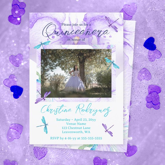 Invitation Orchidée pourpre, Turquoise, libellules Quinceaner (Purple quinceanera invitations with purple and turquoise dragonfly, whimsical budget mis quince anos)