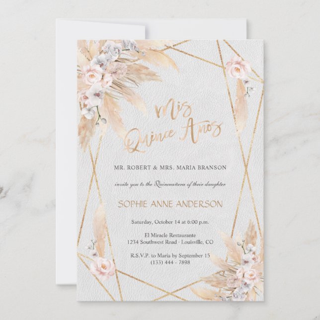 Invitation Orchidée rose blanche Pampas Grass Quinceañera (Devant)