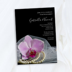 Invitation Orchidée rose et perles sur Black Engagement Party