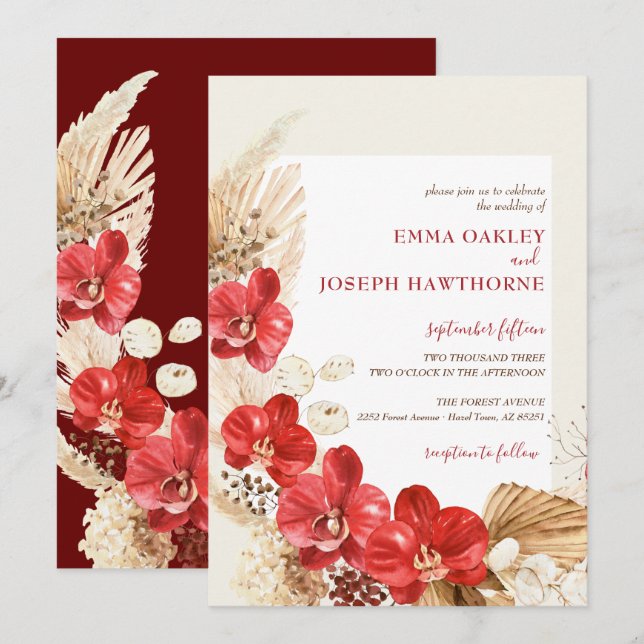 Invitation Orchidée rouge boho moderne chute personnalisée Ma (Devant / Derrière)