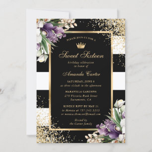 Invitation Orchidée violette blanche noire 16 Anniversaire
