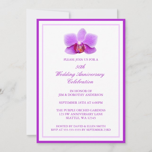 Invitation Orchidée Violette Élégante 50e Anniversaire de Mar (Devant)
