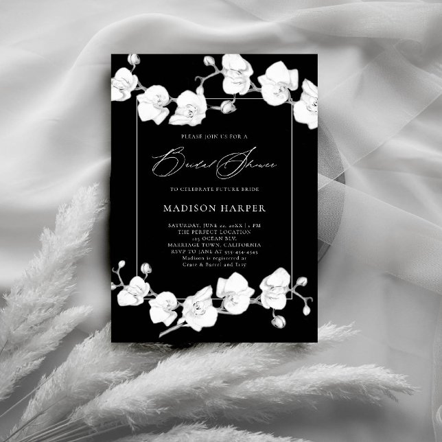 Invitation Orchidées blanches Fête des mariées croquis en gra (orchids bridal shower invitation black white art floral sketch modern classic formal elegant chic)