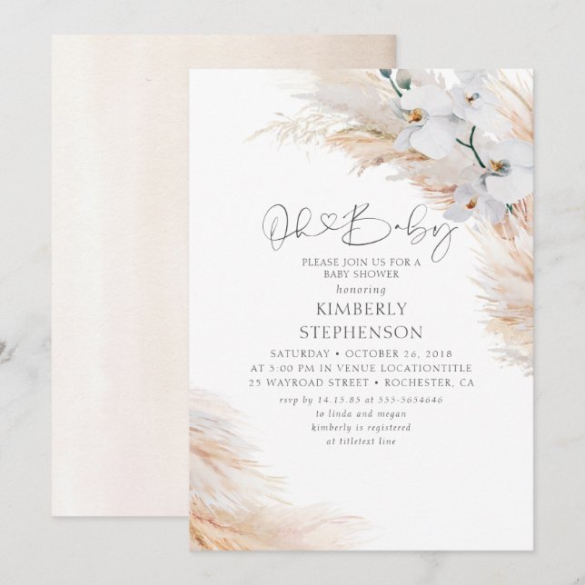 Invitation Orchidées blanches Pampas Grass Oh Baby shower (Devant / Derrière)
