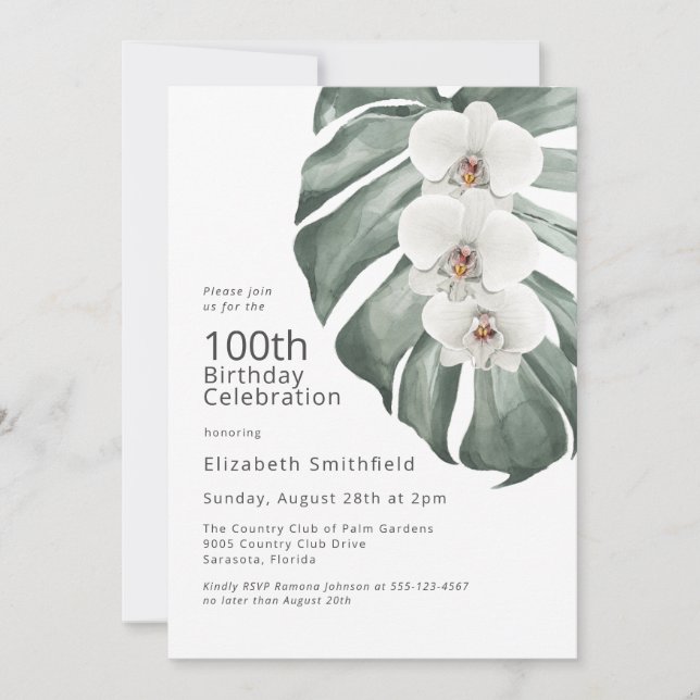 Invitation Orchidées blanches sur Monstera Tropical 100e anni (Devant)