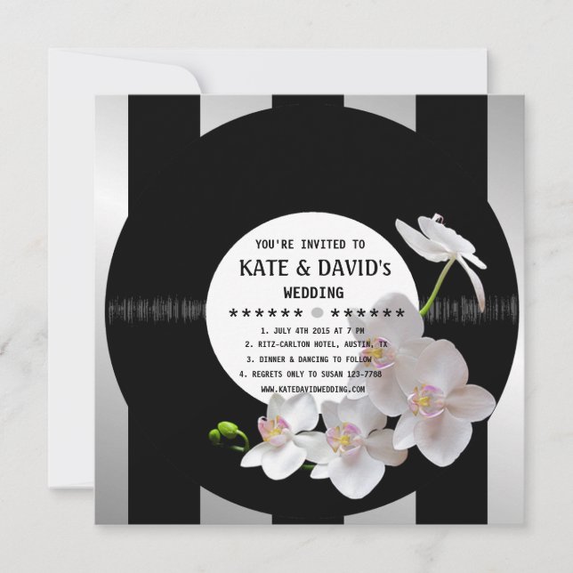 Invitation Orchidées de disques de vinyle rétro Mariage moder (Devant)