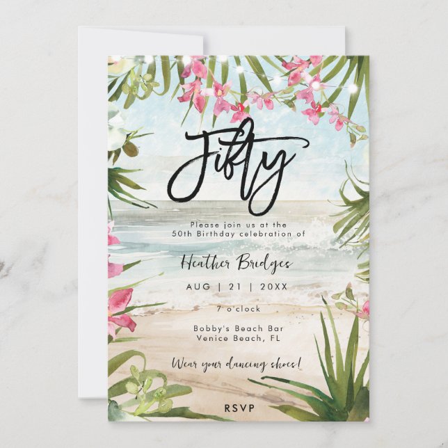 Invitation Orchidées de plage tropicale fête du 50e anniversa (Devant)