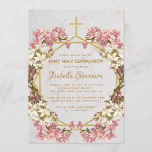 Invitation Orchidées florales Marbre Or Première Communion sa