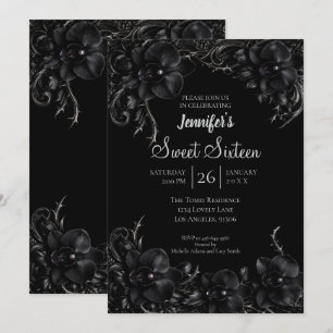 Invitation Orchidées noires gothiques Sweet 16