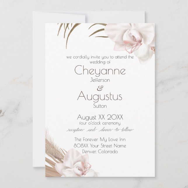 Invitation Orchidées romantiques et Pampas Mariage en herbe (Devant)