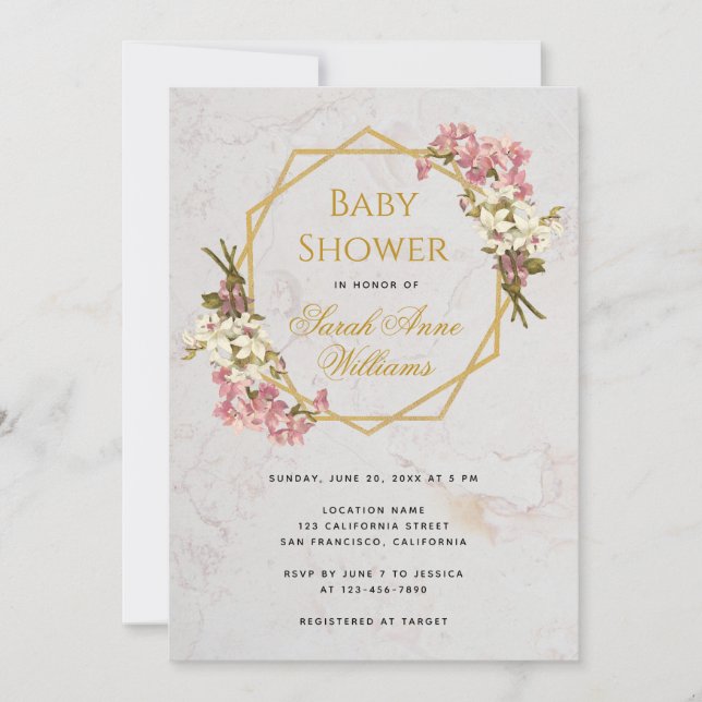 Invitation Orchidées rose or baby shower Floral Géométrique (Devant)