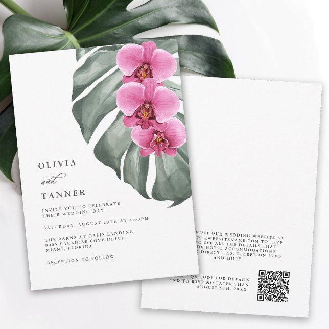 Invitation Orchidées roses chaudes Mariage tropical avec code (Créateur téléchargé)