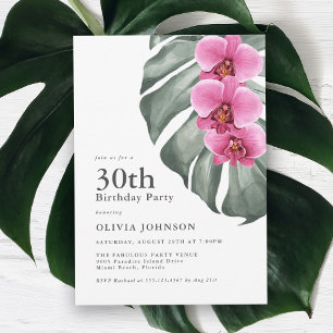 Invitation Orchidées roses chaudes sur Monstera fête du 30e a