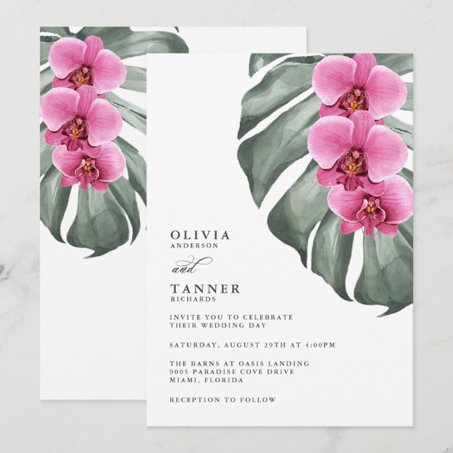 Invitation Orchidées roses chaudes sur Monstera Mariage tropi (Devant / Derrière)