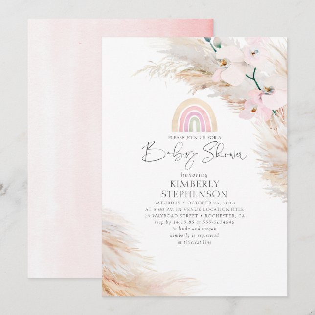 Invitation Orchidées roses Pampas Grass Baby shower arc-en-ci (Devant / Derrière)