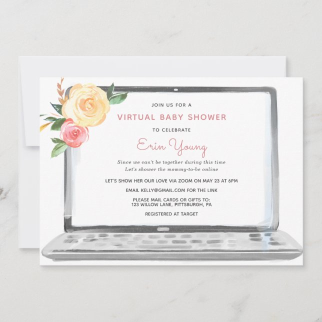 Invitation Ordinateur portable Baby shower virtuel avec fleur (Devant)