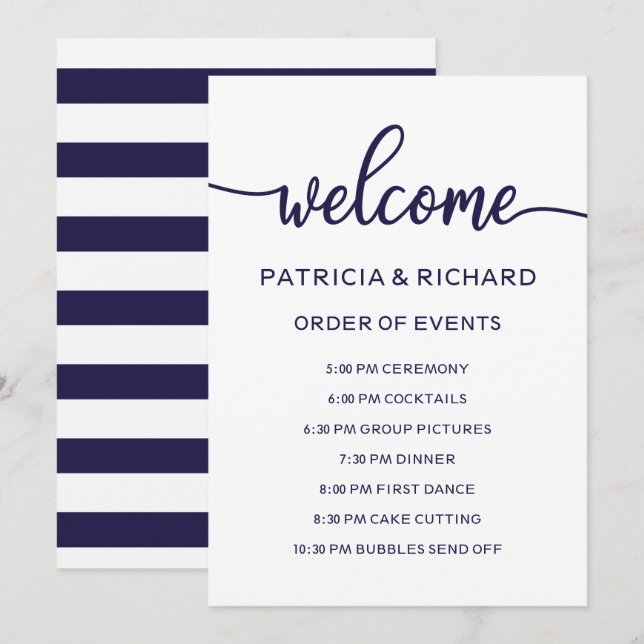 Invitation Ordre des événements de mariage chic bleu marine (Devant / Derrière)