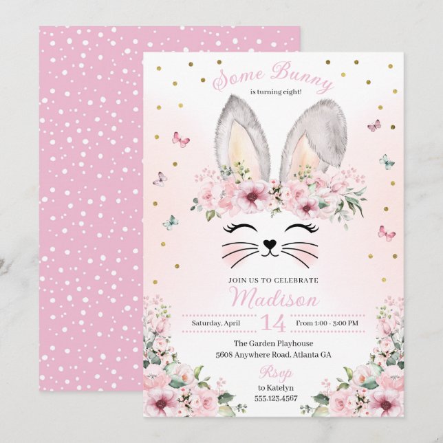 Invitation Oreilles de lapin rose Couronne de Pâques Annivers (Devant / Derrière)