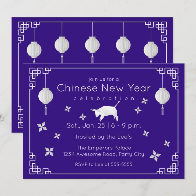Invitation Origami chinois Ox, violet (Devant / Derrière)