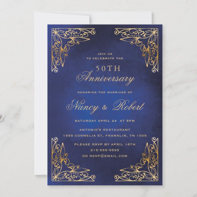 Invitation Ornament or Bordure bleu 50e anniversaire Mariage (Devant)