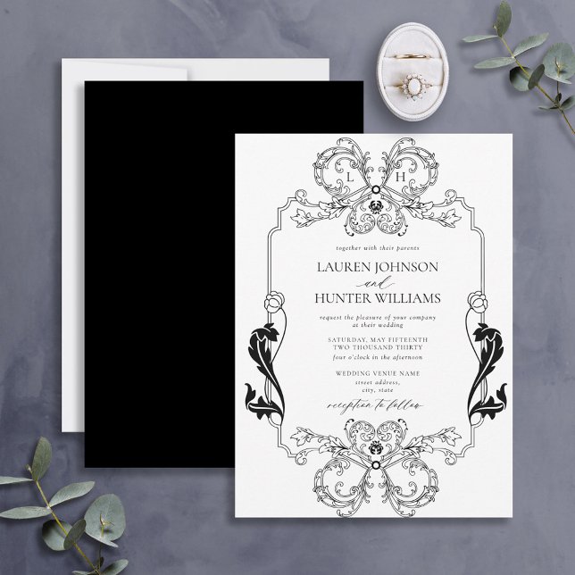 Invitation Ornat Black Floral Line Art Monogramme Mariage (Créateur téléchargé)