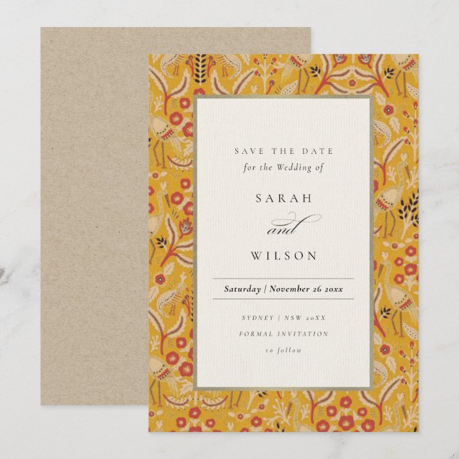 Invitation Ornat Jaune Pocket Floral Or Enregistrer La Date (Devant / Derrière)