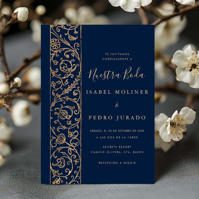 Invitation Ornate Floral Gold Navy Nuestra Boda Wedding (Créateur téléchargé)