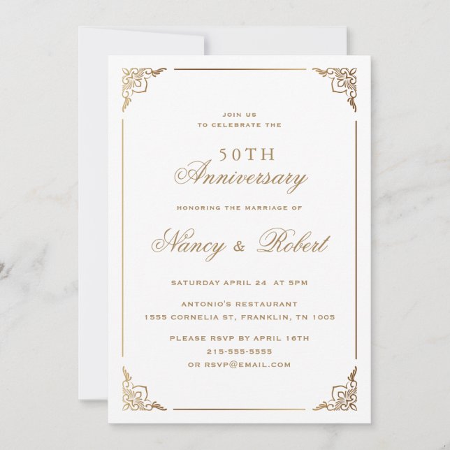 Invitation Ornate Gold Frame Blanc 50e anniversaire Mariage (Devant)