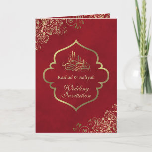 Invitation Ornate Gold Frills sur Red Elegant Mariage islamiq