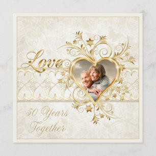 Invitation Ornate Gold Hearts se lance Photo 50e Mariage