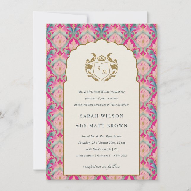 Invitation Ornate Hot Pink Gold Classy Floral Laurel Mariage (Devant)